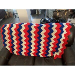 Zig Zag Chevron Afghan Throw Blanket Hand Crocheted Red White Blue 57” x 42”